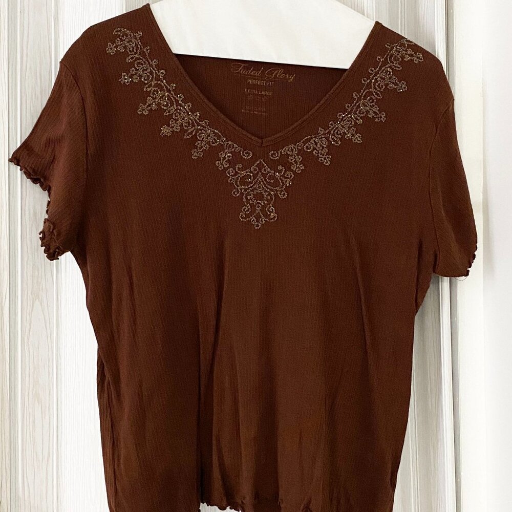 Chocolate Brown Women's Blouse - Faded Glory 100% Cotton, sz XL - Applique Front